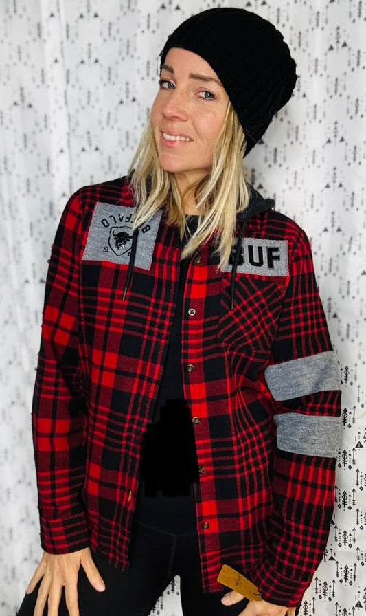 Black & Red Flannel Buffalo Football Button Down Size- Women’s S/M