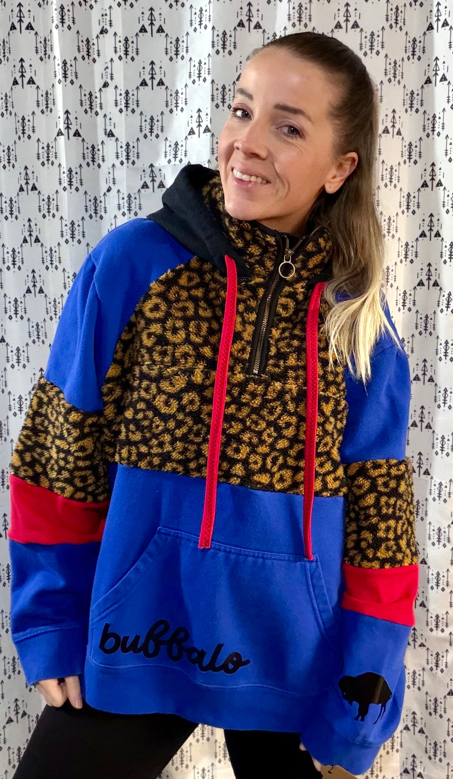 Blue & Leopard Buffalo Football 1/4 Zip Hoodie Size- Women's XL/2X