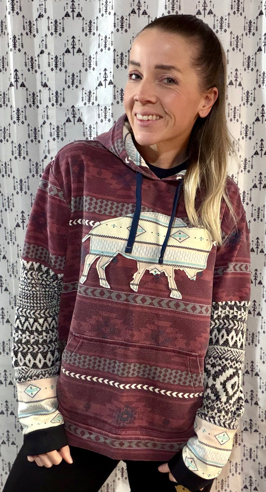 Maroon Aztec Buffalo Hoodie Size- Unisex S/M