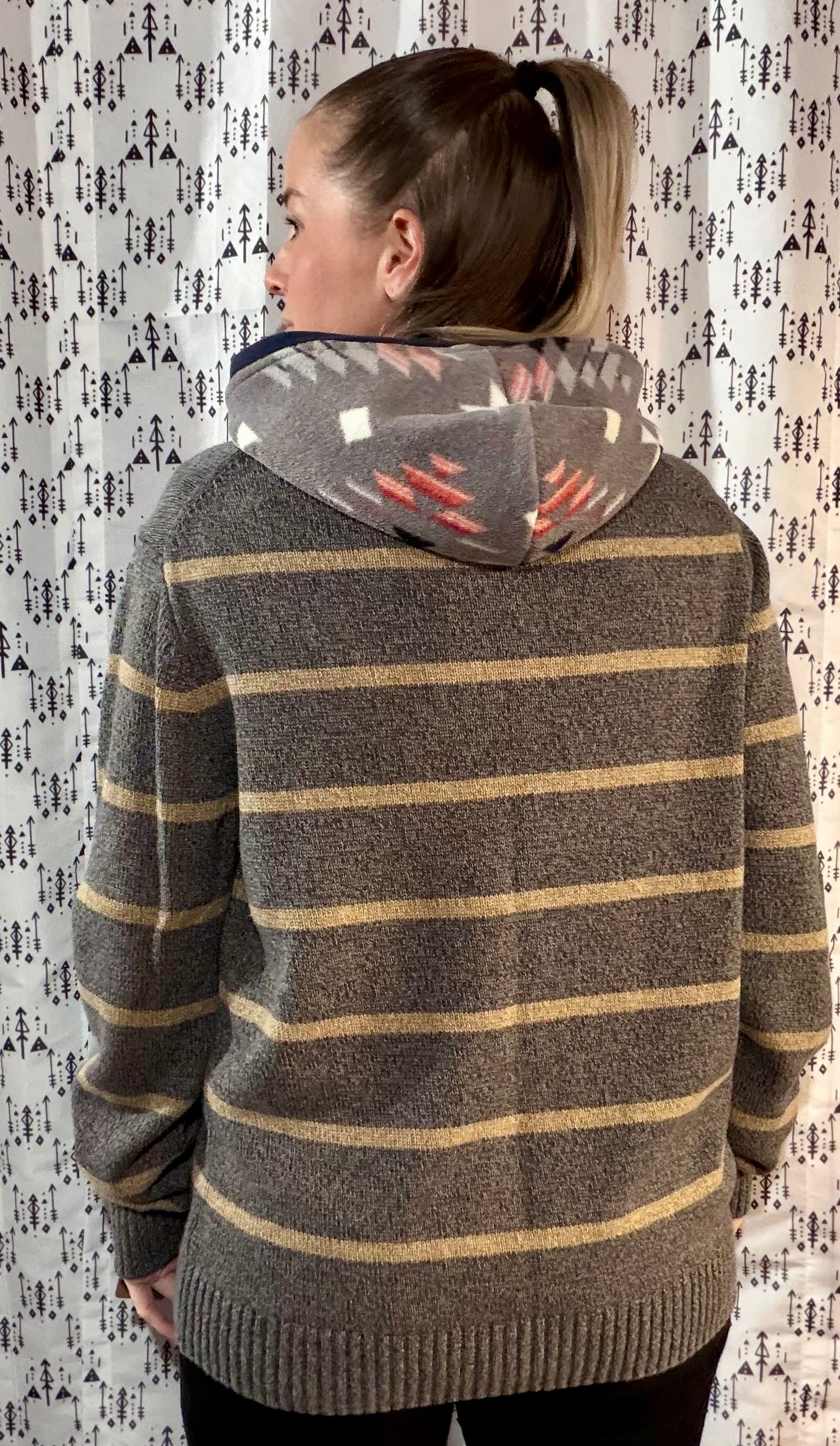Striped Aztec Buffalo Sweater Hoodie Size- Unisex M/L