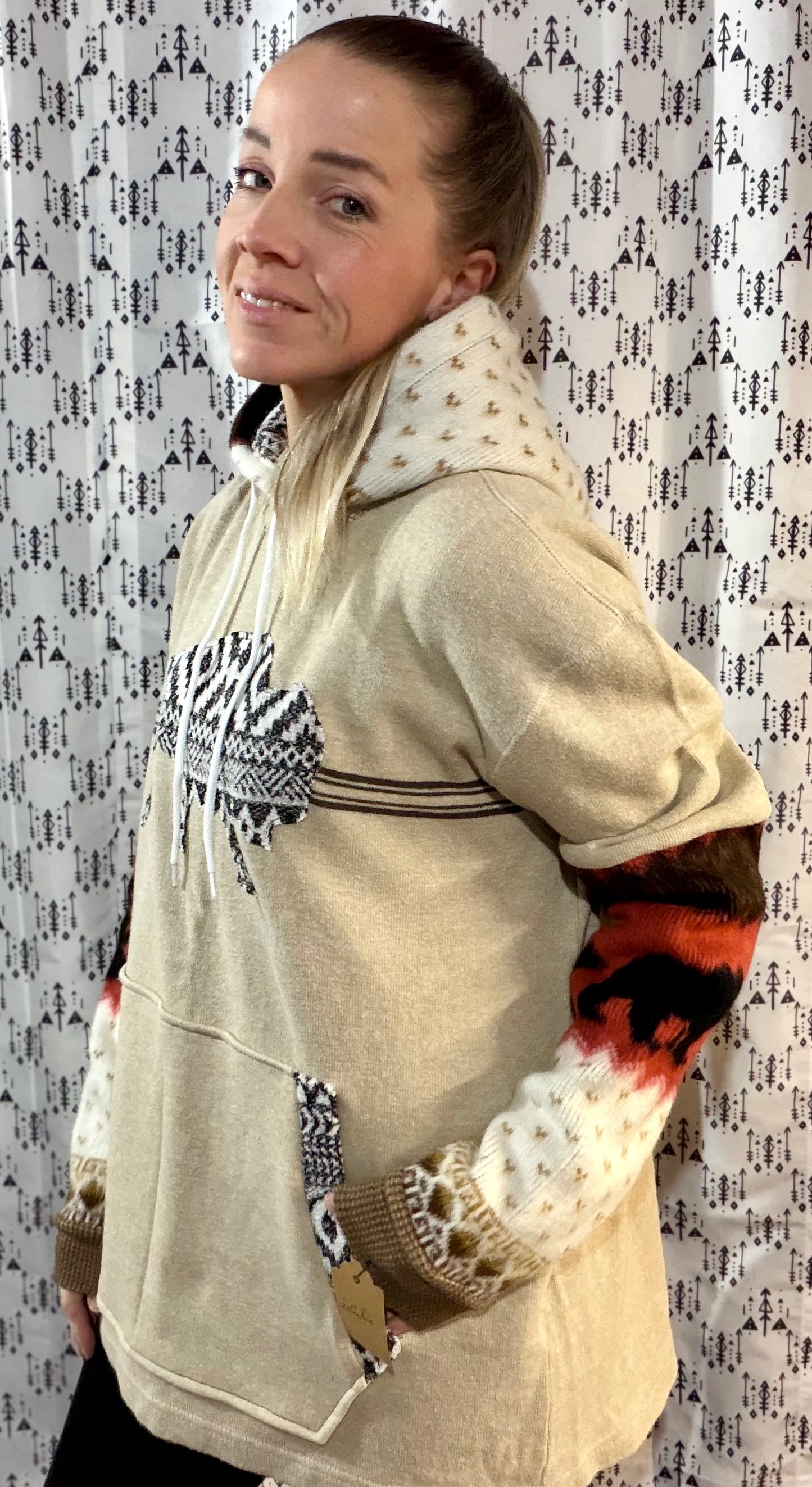 Tan Aztec Buffalo Hoodie Size- Unisex M/L