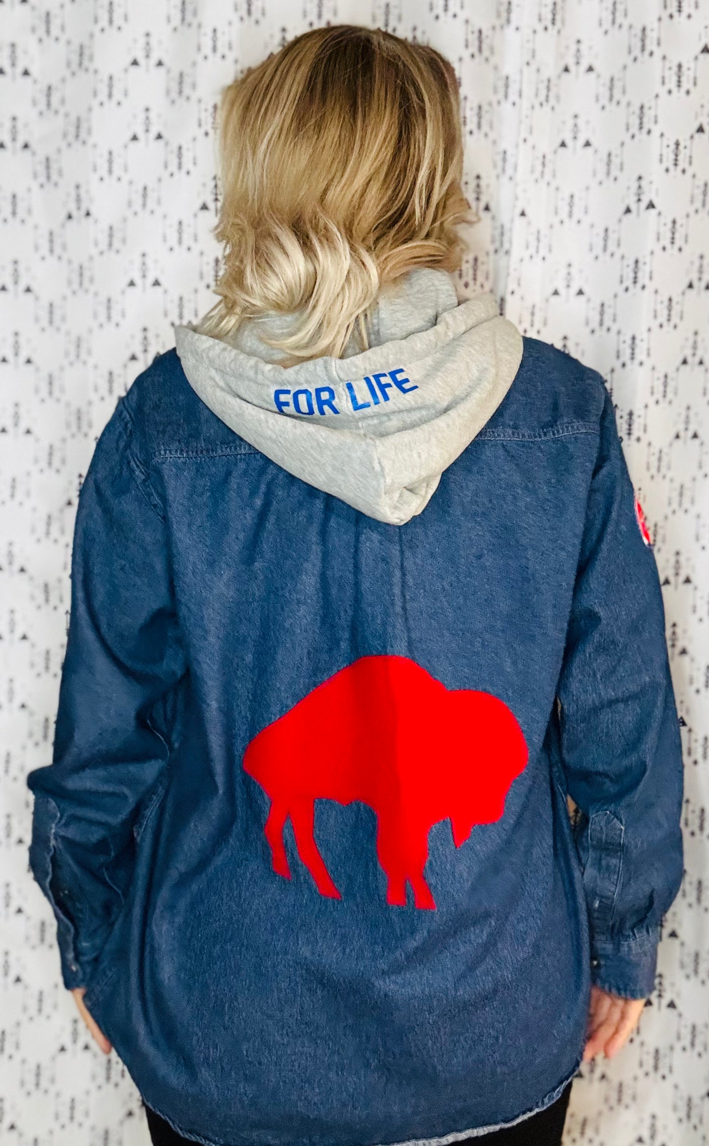 Denim Hooded Buffalo Football Button Down Size- Unisex M/L