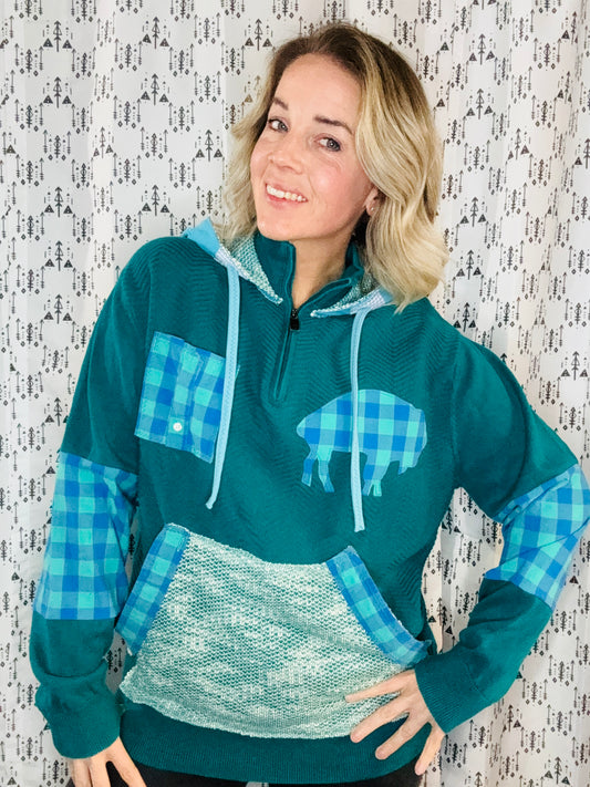 Teal & Green 1/4 Zip-Up Buffalo Hooded  Size- Women's M/L