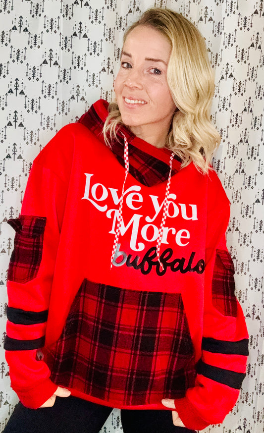 Red "Love You More" Buffalo Hoodie Size- Women's XL/2X