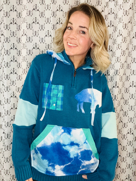 Teal & Tie Dye 1/4 Zip-Up Buffalo Hooded  Size- Women's L/XL