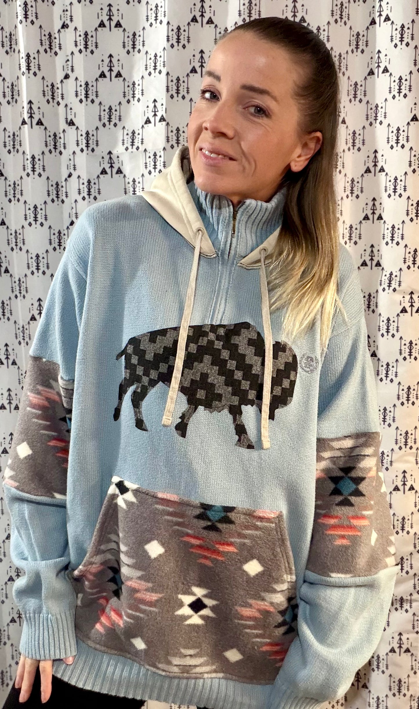 Light Blue Aztec 1/4 Buffalo Sweater Hoodie Size- Women's XL/2X