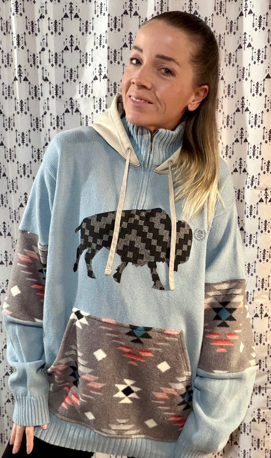 Light Blue Aztec 1/4 Buffalo Sweater Hoodie Size- Women's XL/2X