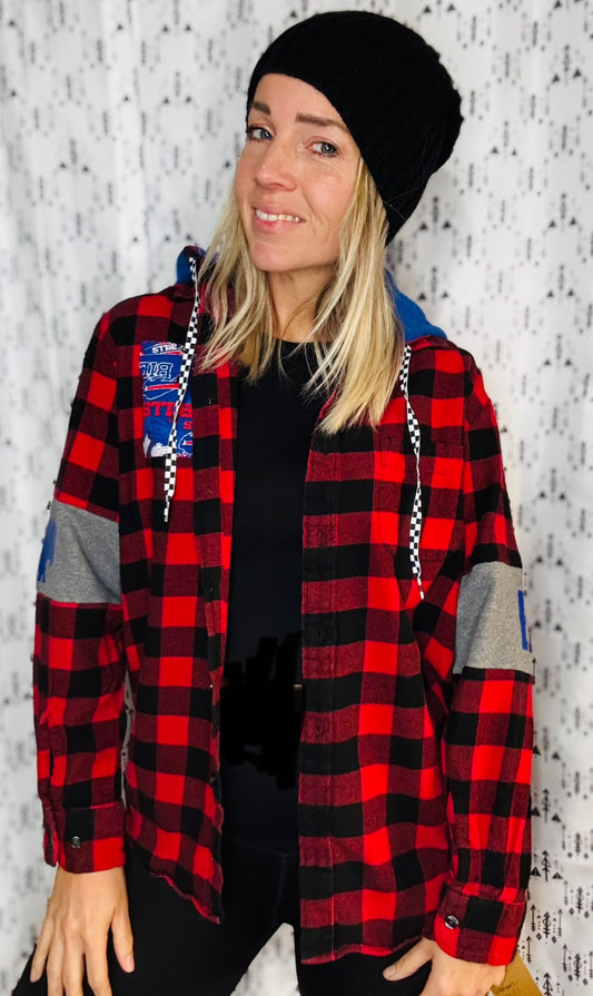 Red & Black Flannel Buffalo Football Button Down Size- Women’s S/M