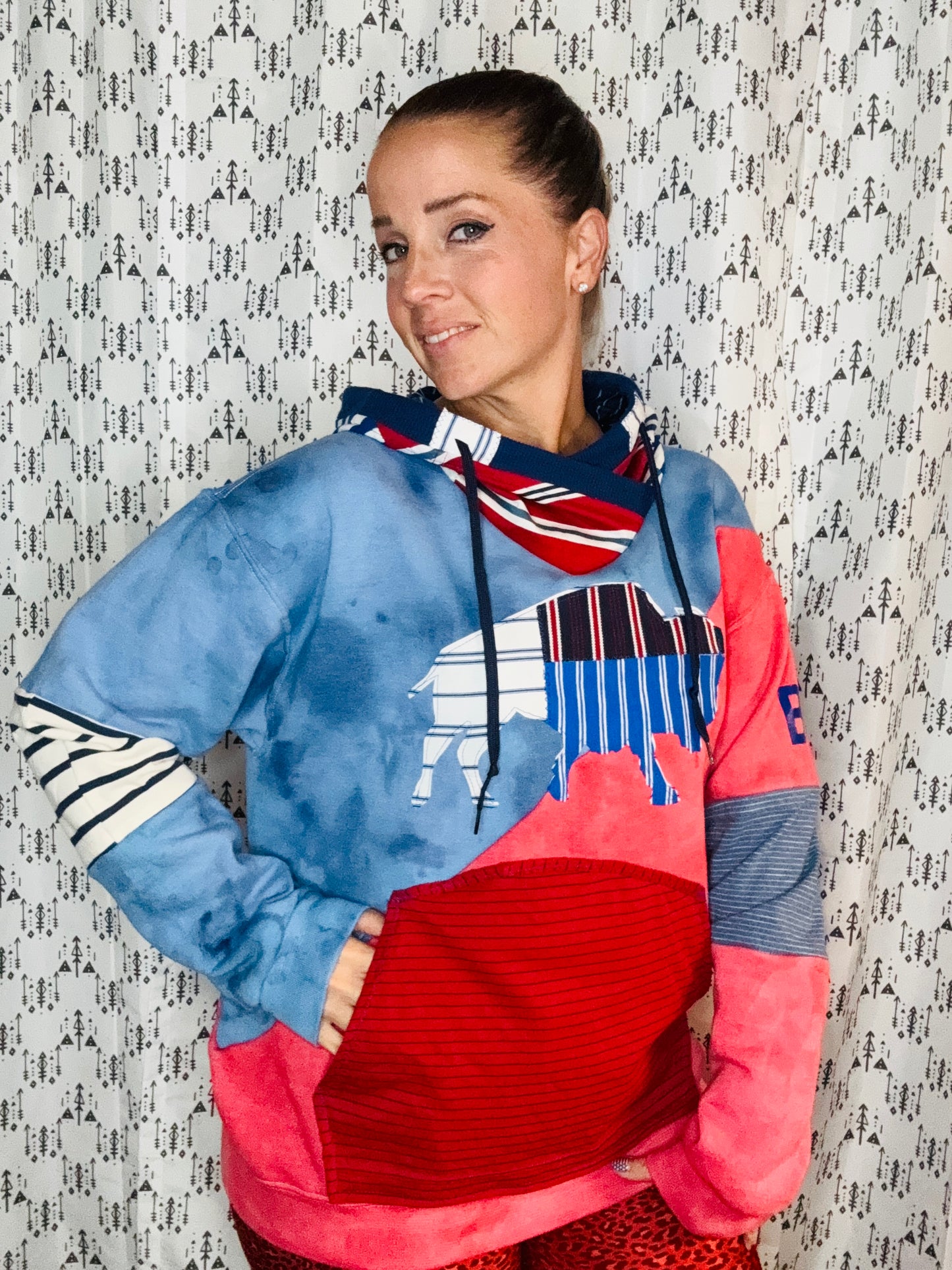 Red & Blue tie Dye Color Buffalo Hoodie Unisex-L/XL