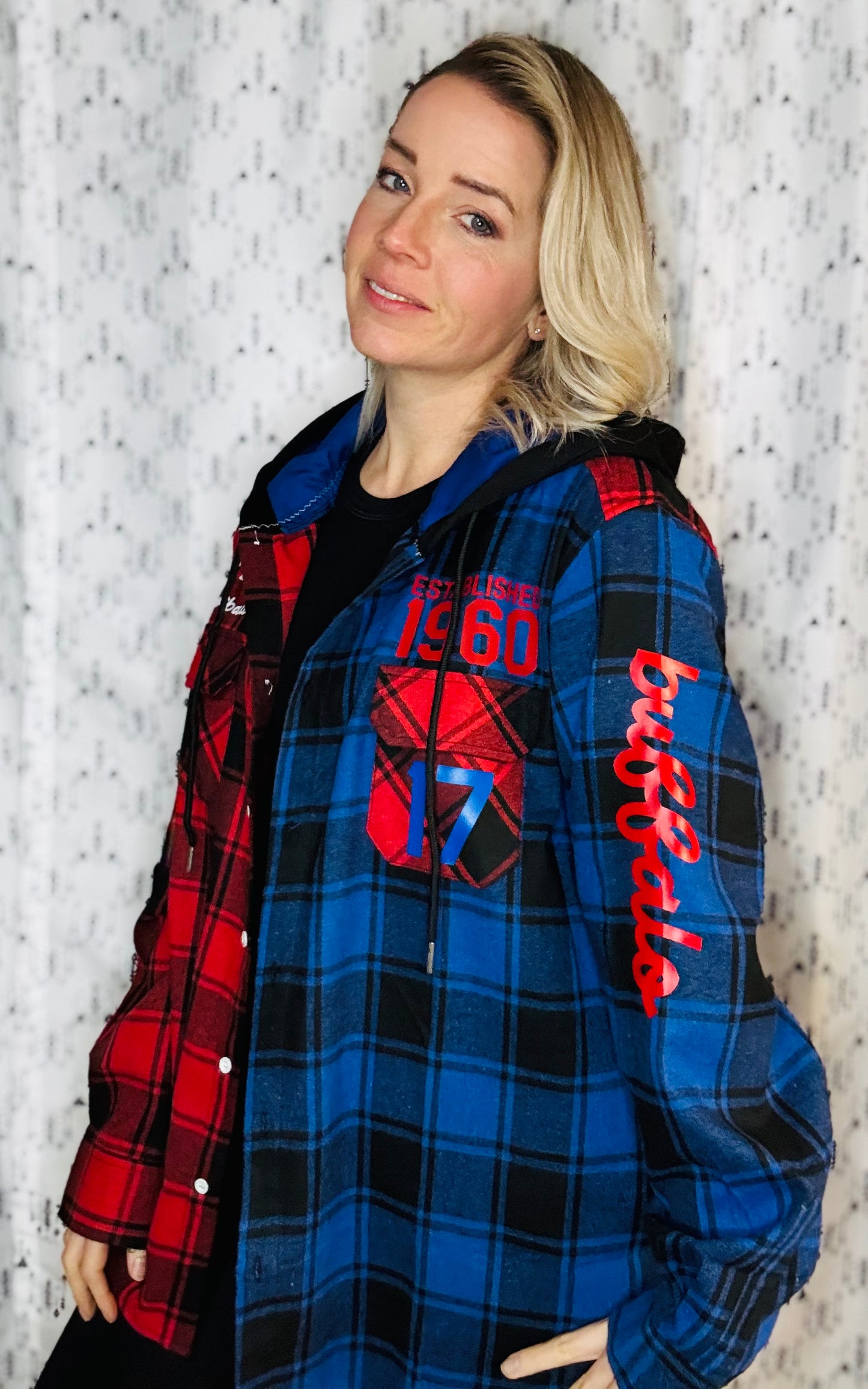 Red & Blue Buffalo Check Hooded Football Button-Up Flannel Size- Unisex L/XL