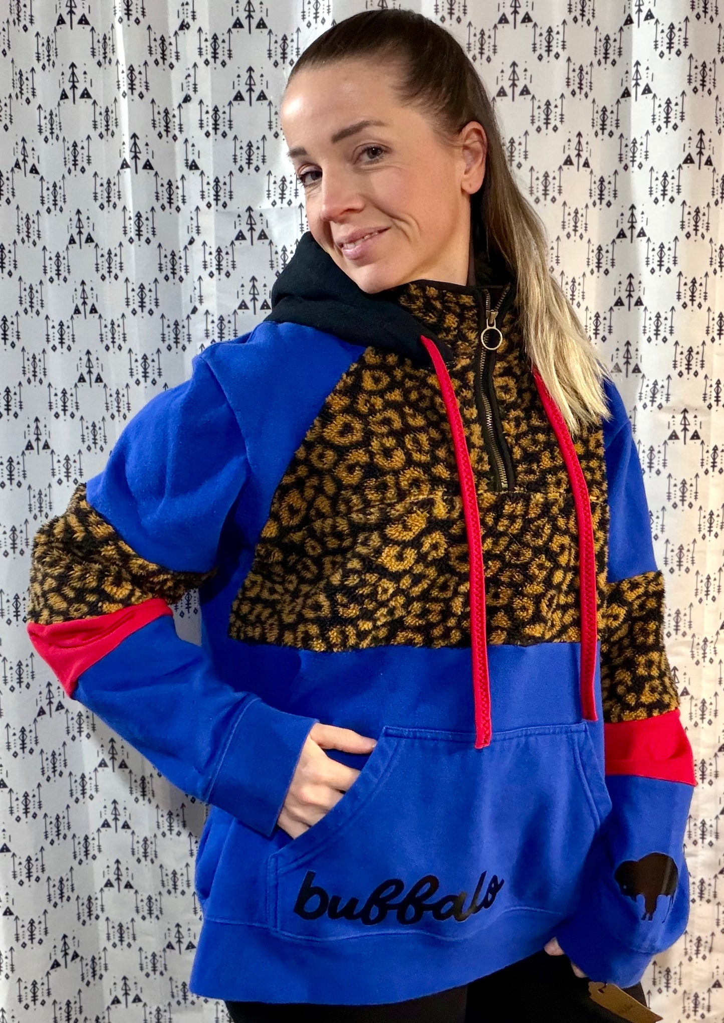 Blue & Leopard Buffalo Football 1/4 Zip Hoodie Size- Women's XL/2X