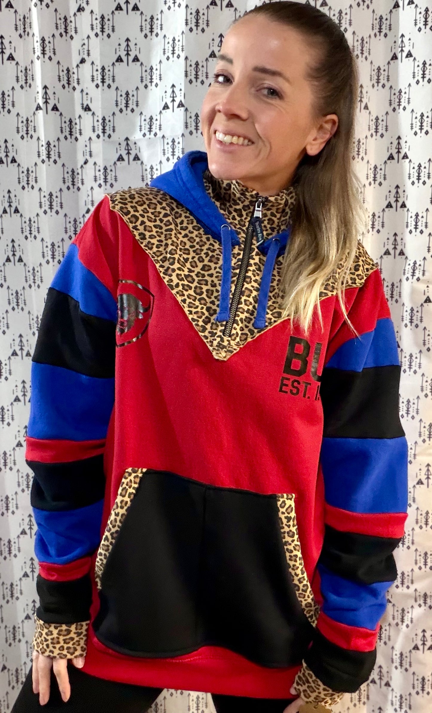 Color-block & Leopard Buffalo Football 1/4 Zip Hoodie Size- Women's XL/2X