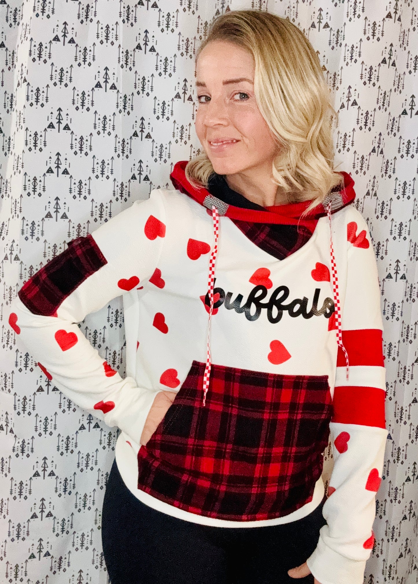 Heart All Over W/ Plaid Hoodie Size- Women's M/L