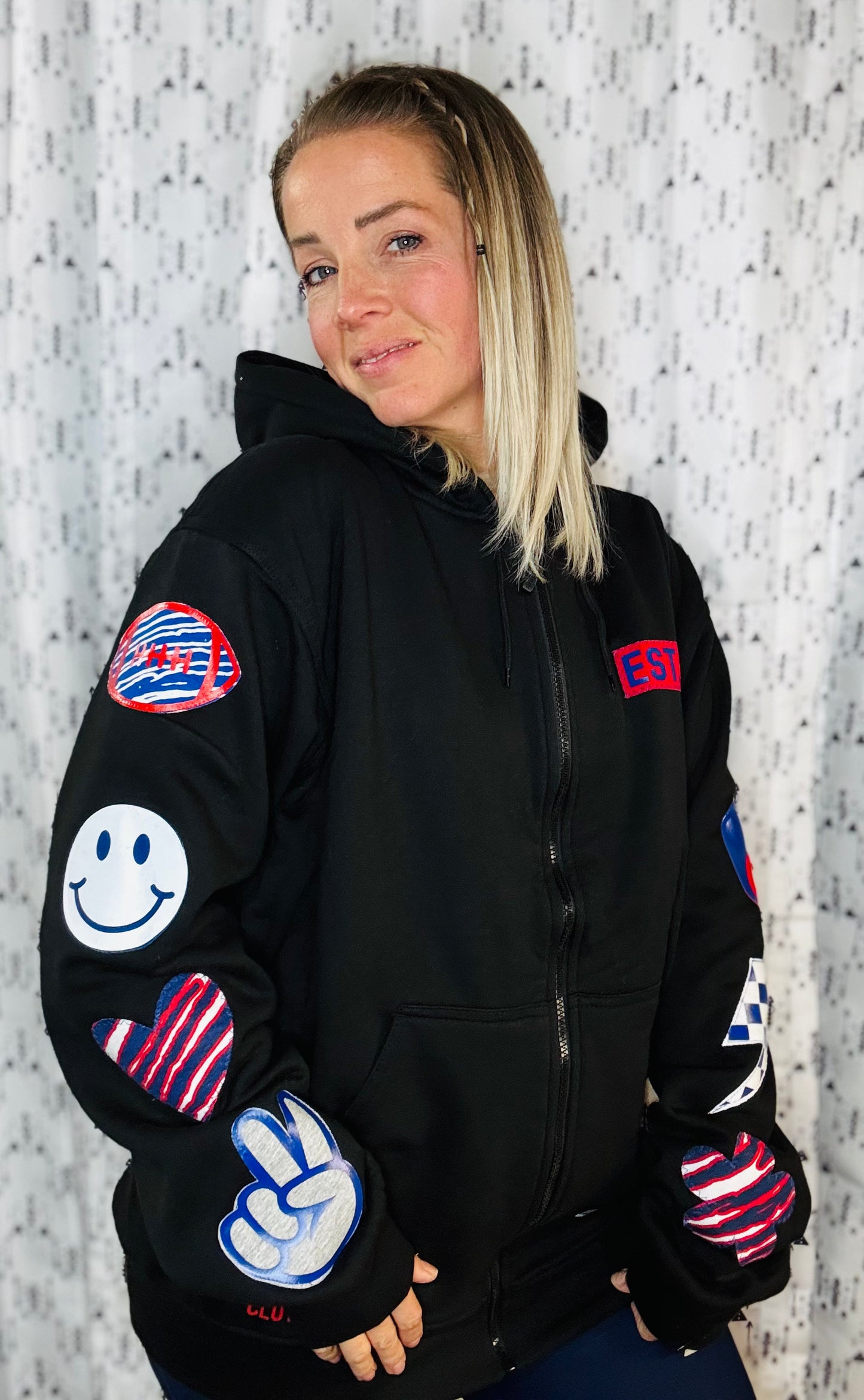 Black Peace Love Football Zip-Up Hoodie Women's Size-L/XL