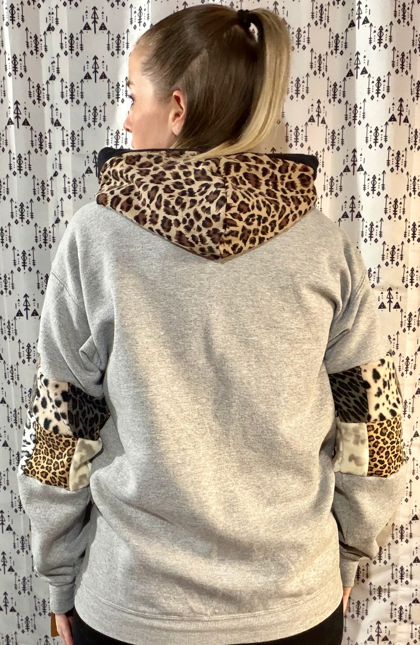 Grey & Leopard Patchwork Buffalo Hoodie Size- Women's L/XL