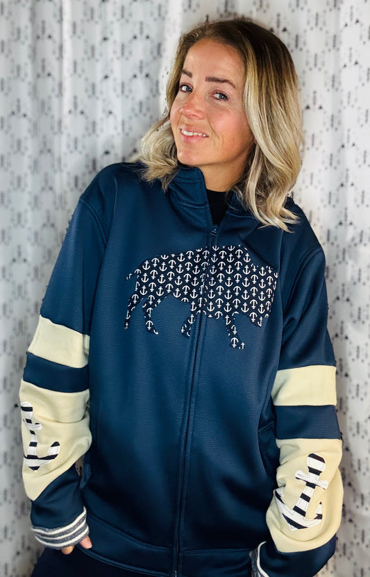 Blue Nautical Buffalo Zip UpHoodie Unisex-L/XL