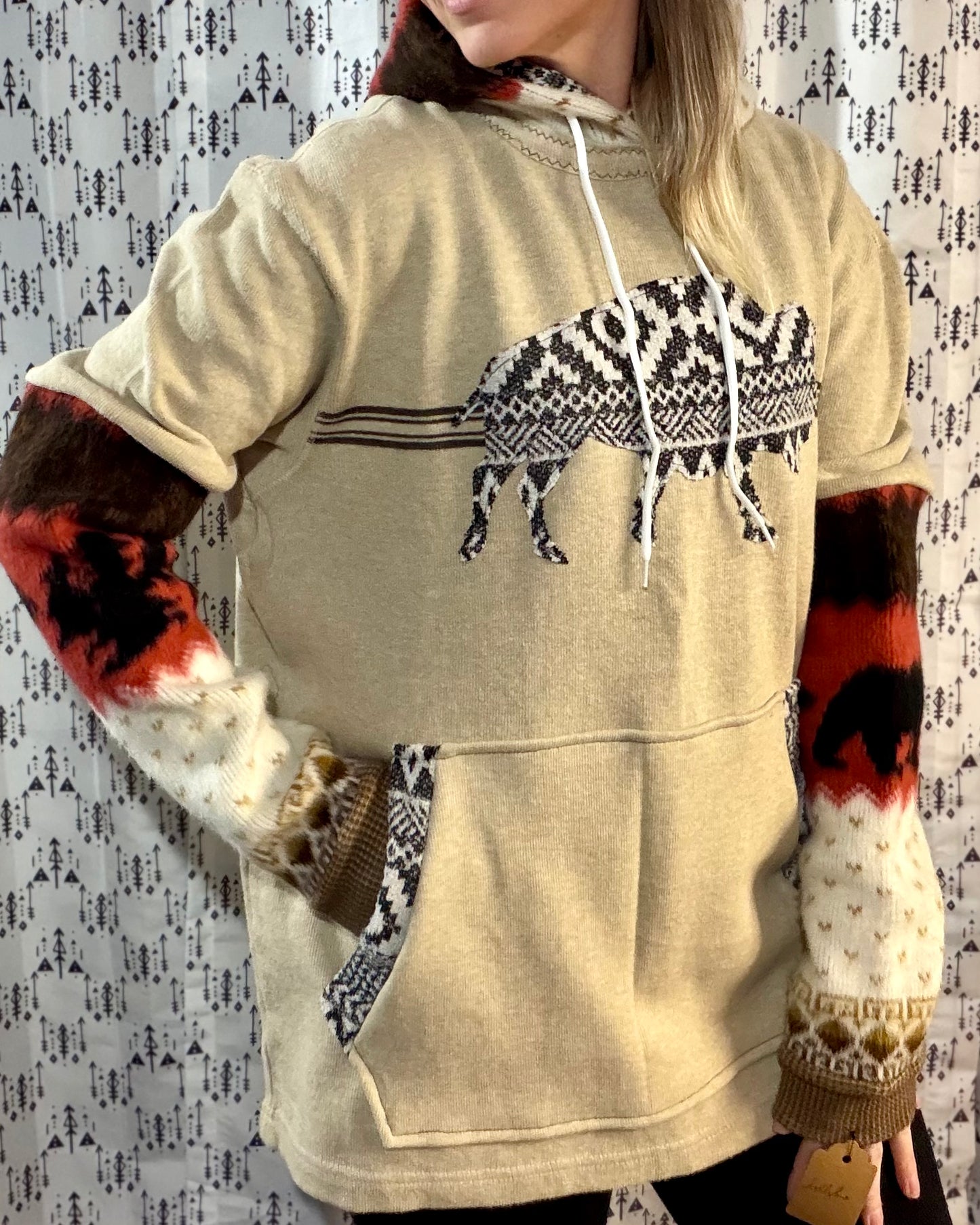 Tan Aztec Buffalo Hoodie Size- Unisex M/L