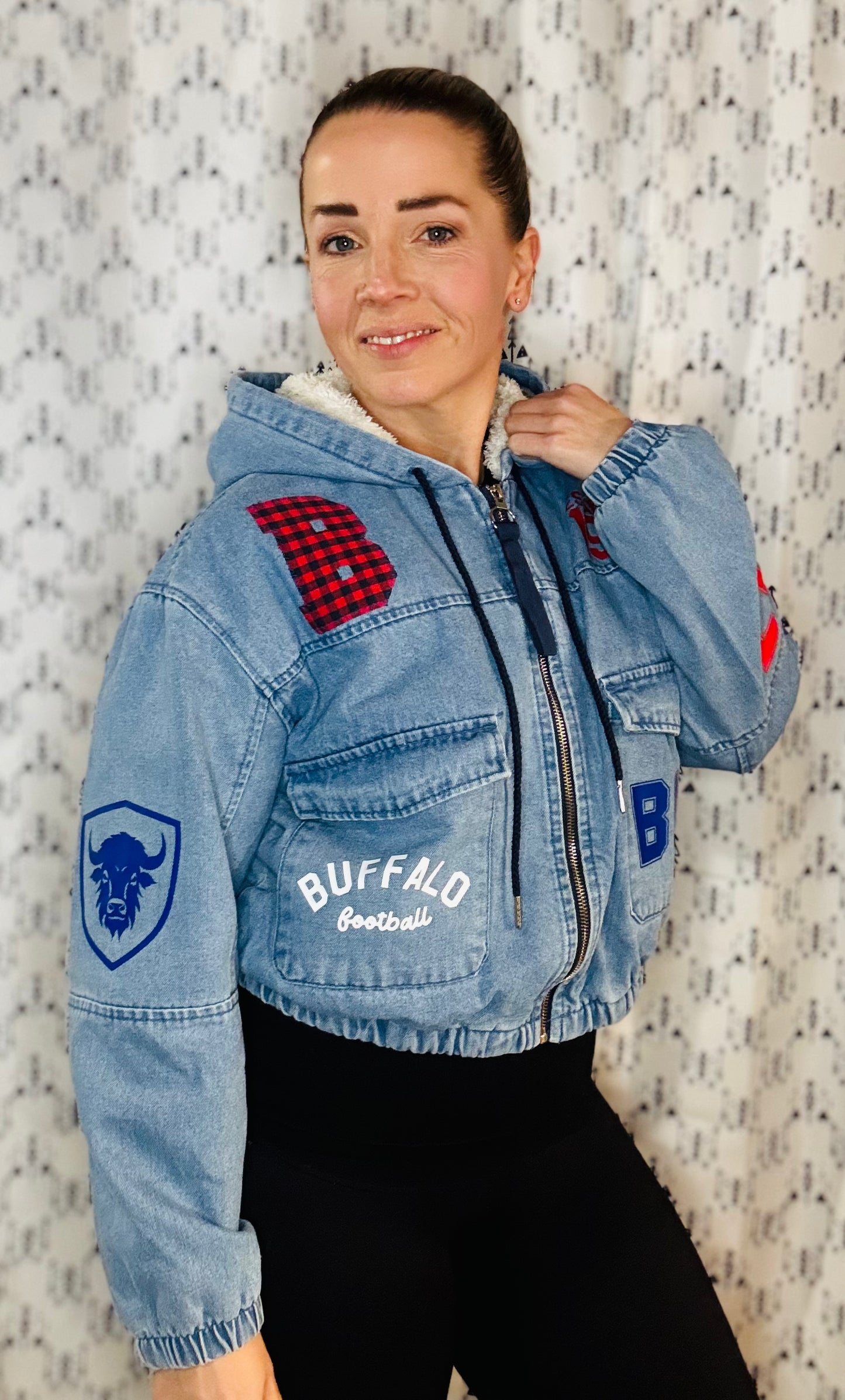 Denim Sherpa Lined Buffalo Football JA17 Crop Jacket Women's-L/XL