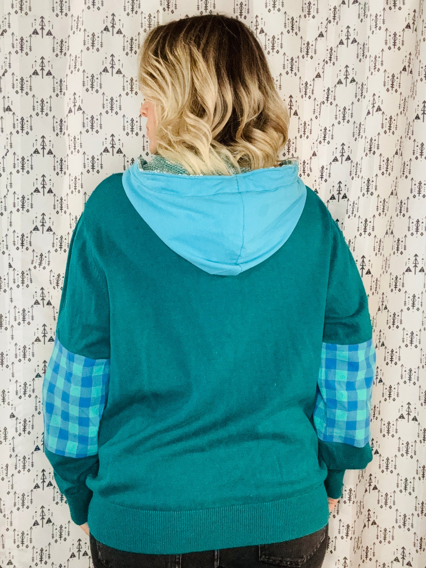 Teal & Green 1/4 Zip-Up Buffalo Hooded  Size- Women's M/L