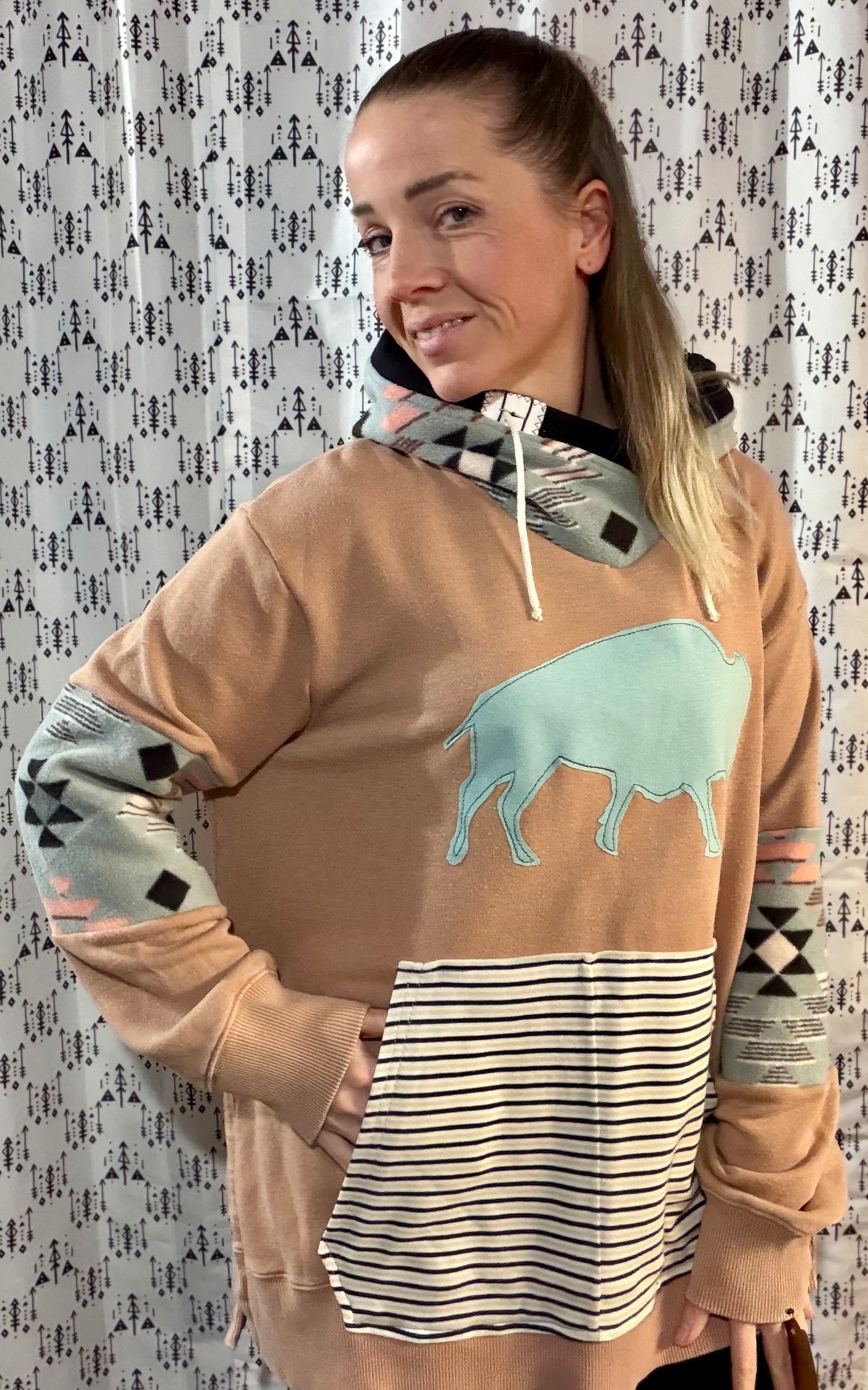 Tan & Aqua Aztec Buffalo Hoodie Size- Women's XL/2X