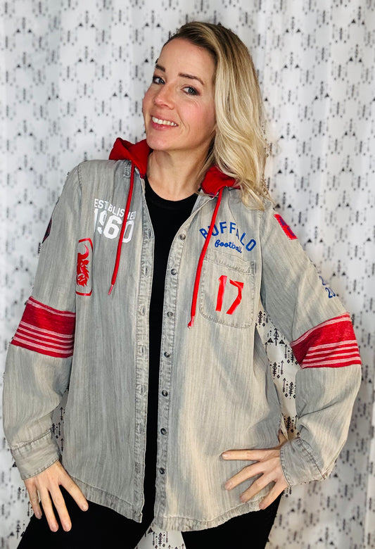 Grey Denim Hooded Buffalo Football Button-Up Size- Women's L/XL