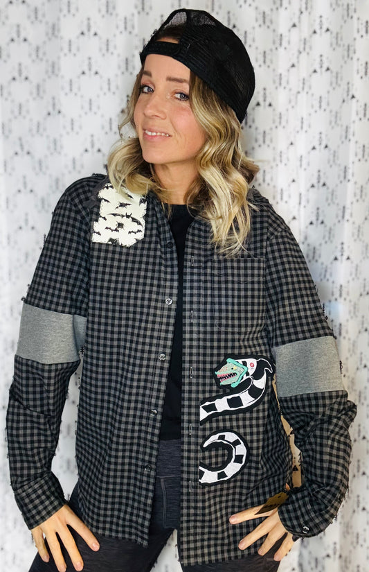 Halloween Meets Buffalo Button-UP Flannel Hoodie Size- Unisex M/L