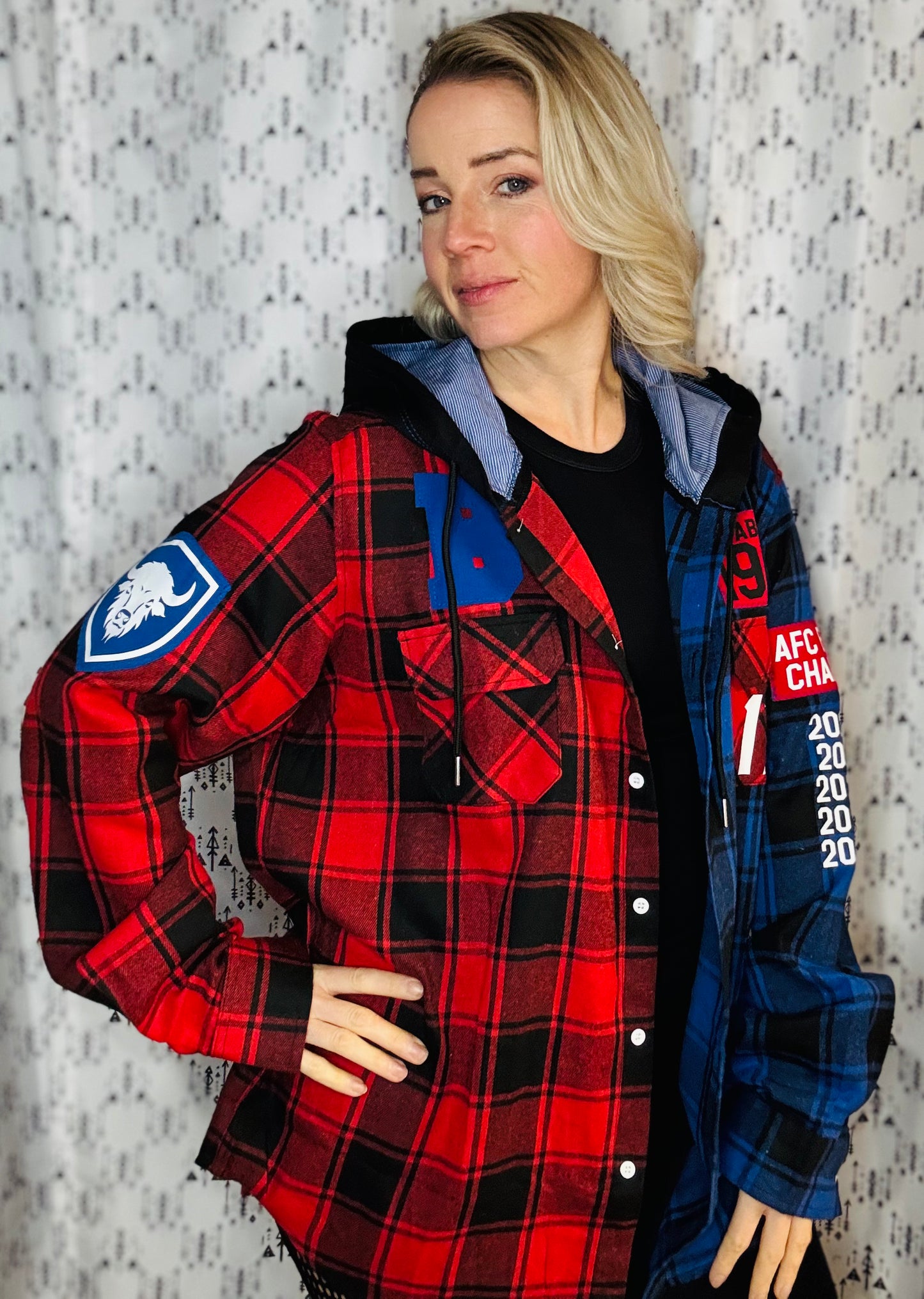 Red & Blue Buffalo Check Football Button-Up Flannel Size- Unisex XL/2X
