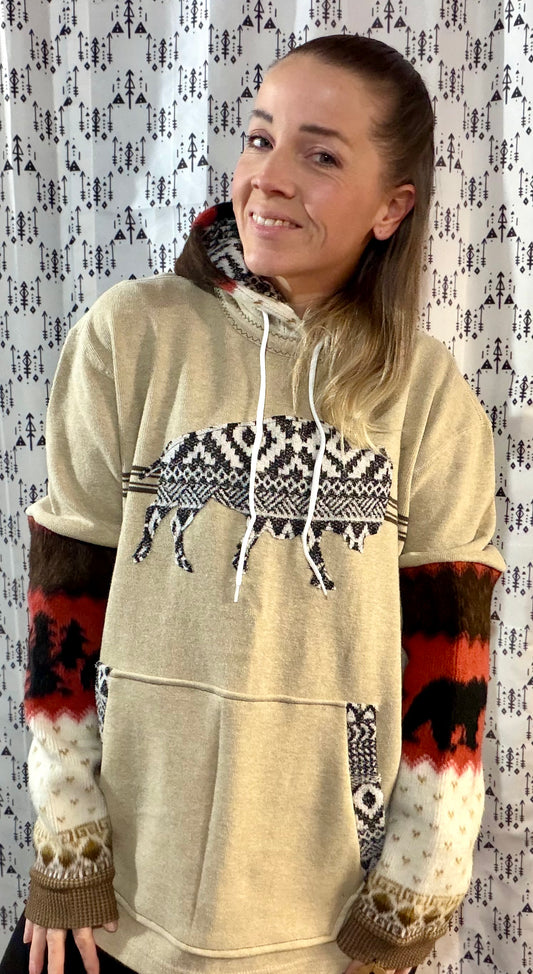 Tan Aztec Buffalo Hoodie Size- Unisex M/L