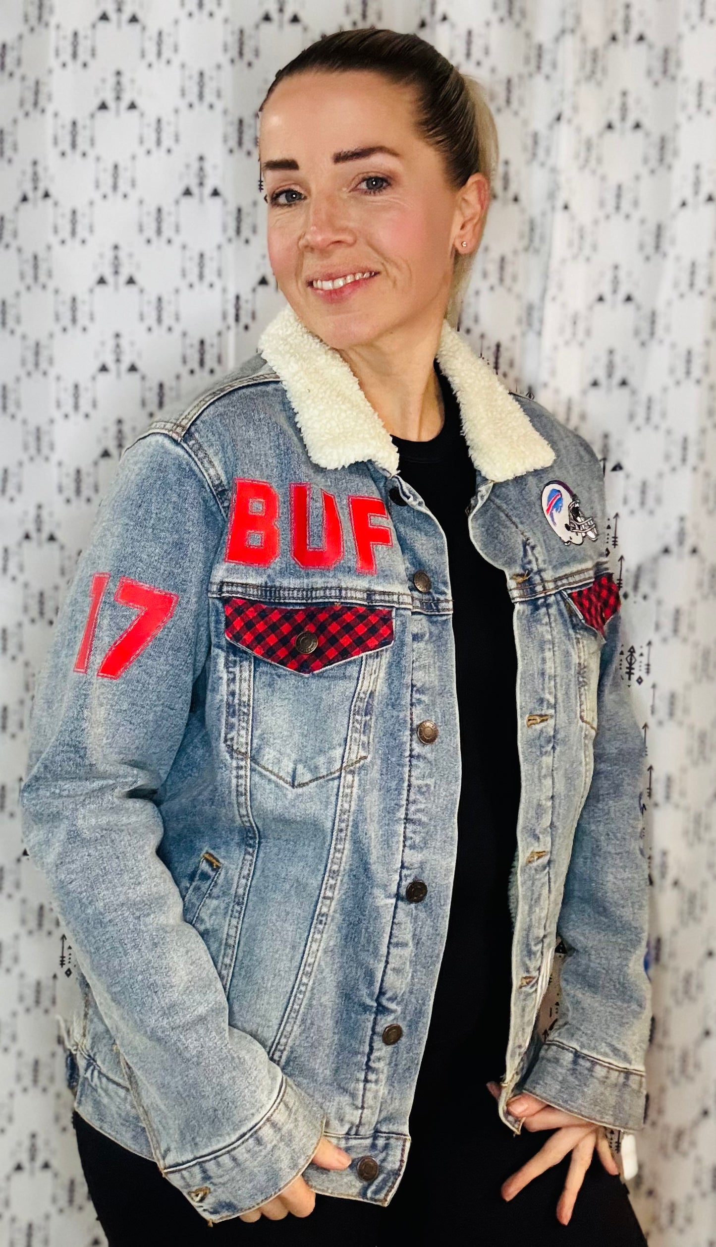 Sherpa Lined Denim Buffalo Football JA17 Jacket Unisex Size-S/M