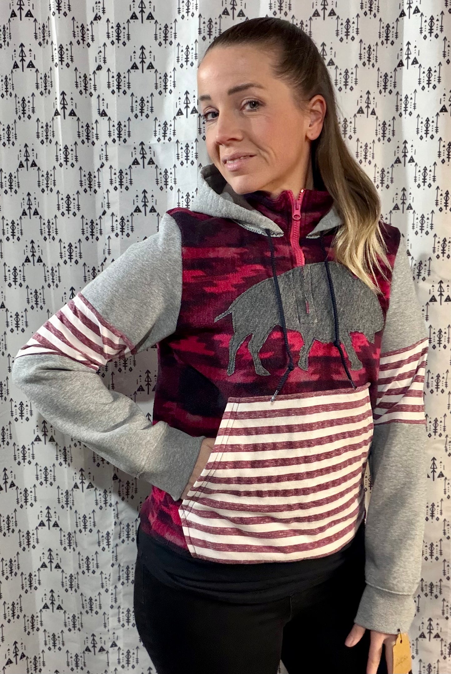 Red Stripe Aztec 1/4 Buffalo Hoodie Size- Women's M/L