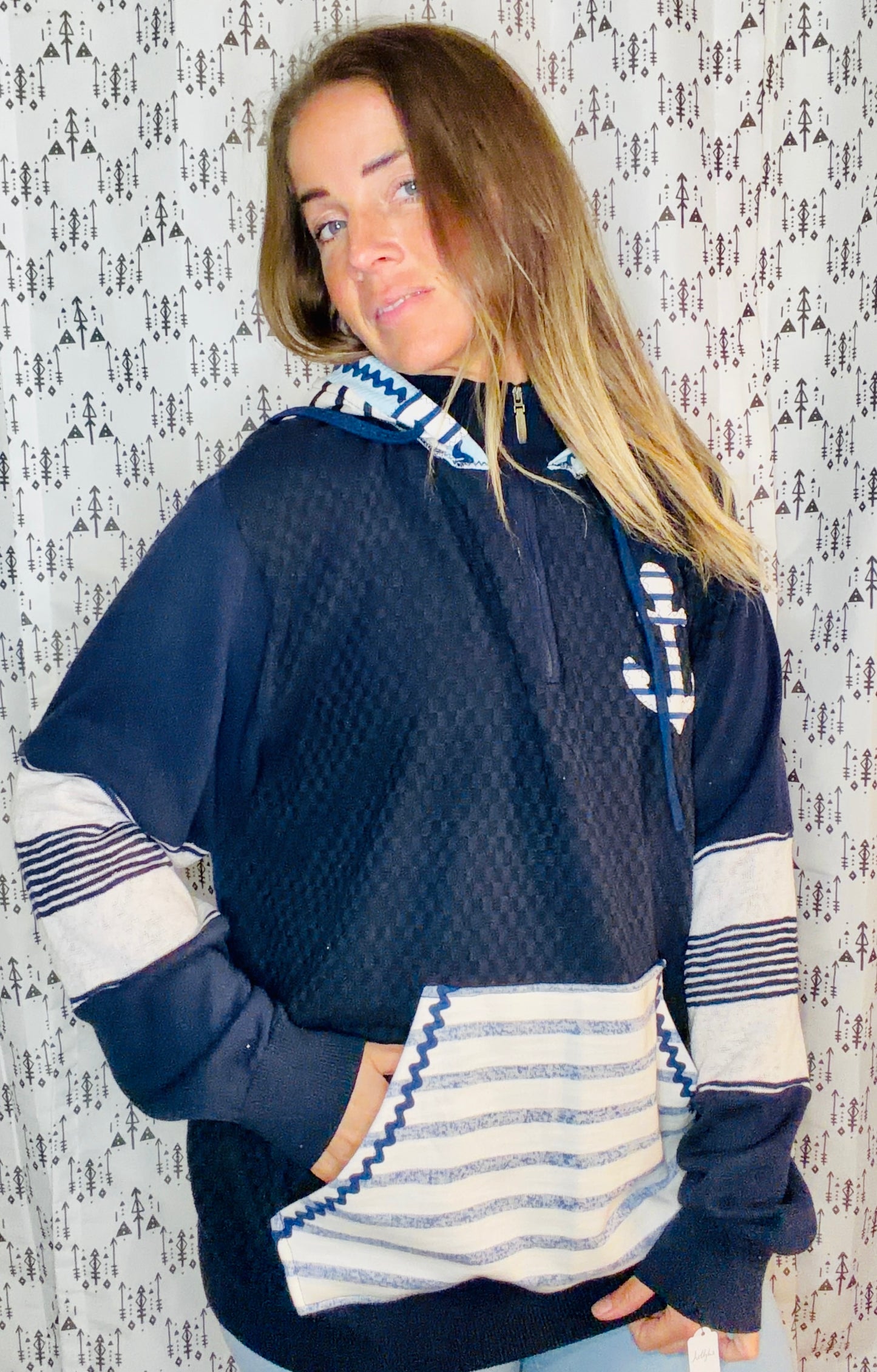 Navy Anchor 1/4 Zip Sweater Hoodie Size Women's- L/XL