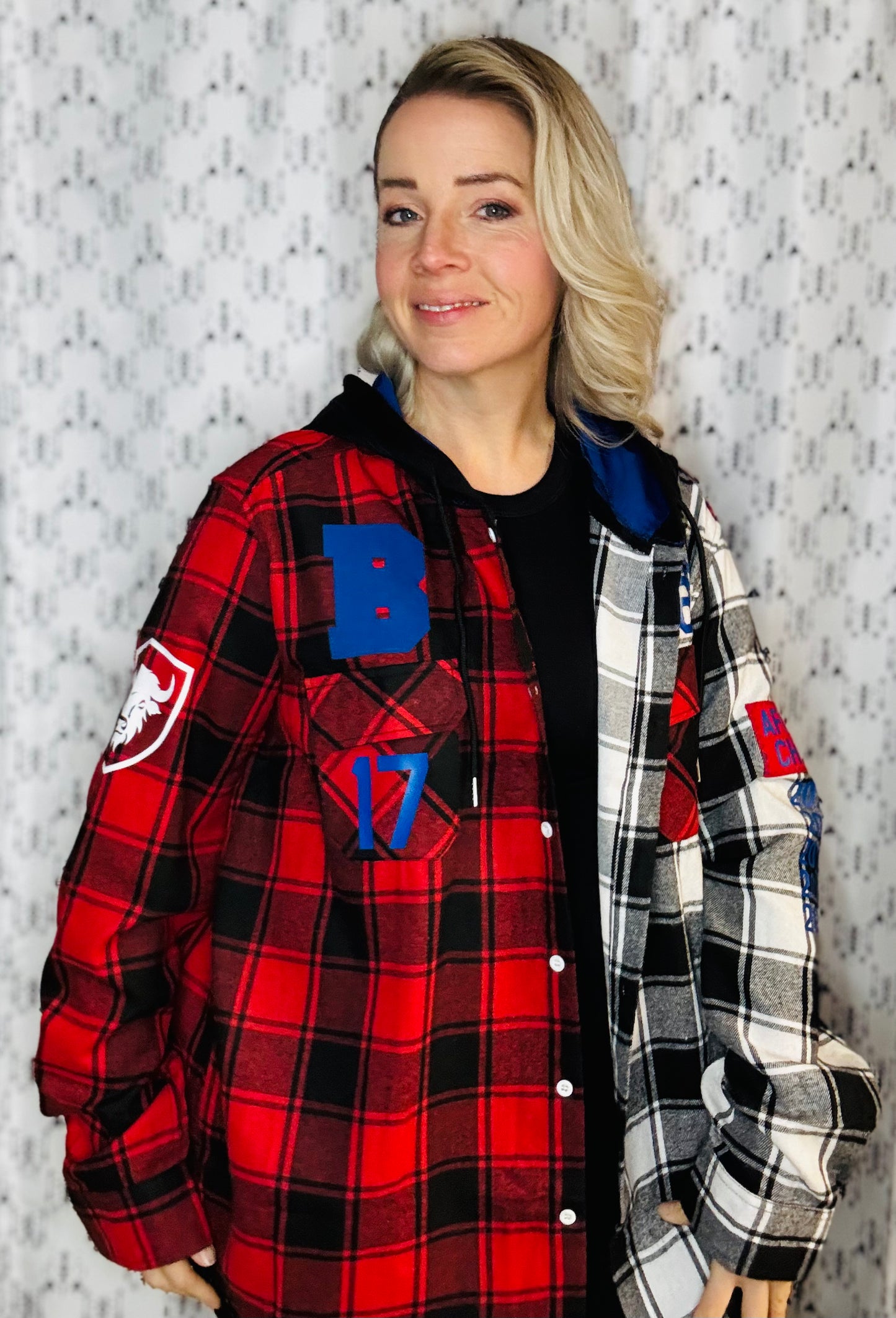 Red, Black, & White Buffalo Check Football Button-Up Flannel Size- Unisex XL/2X