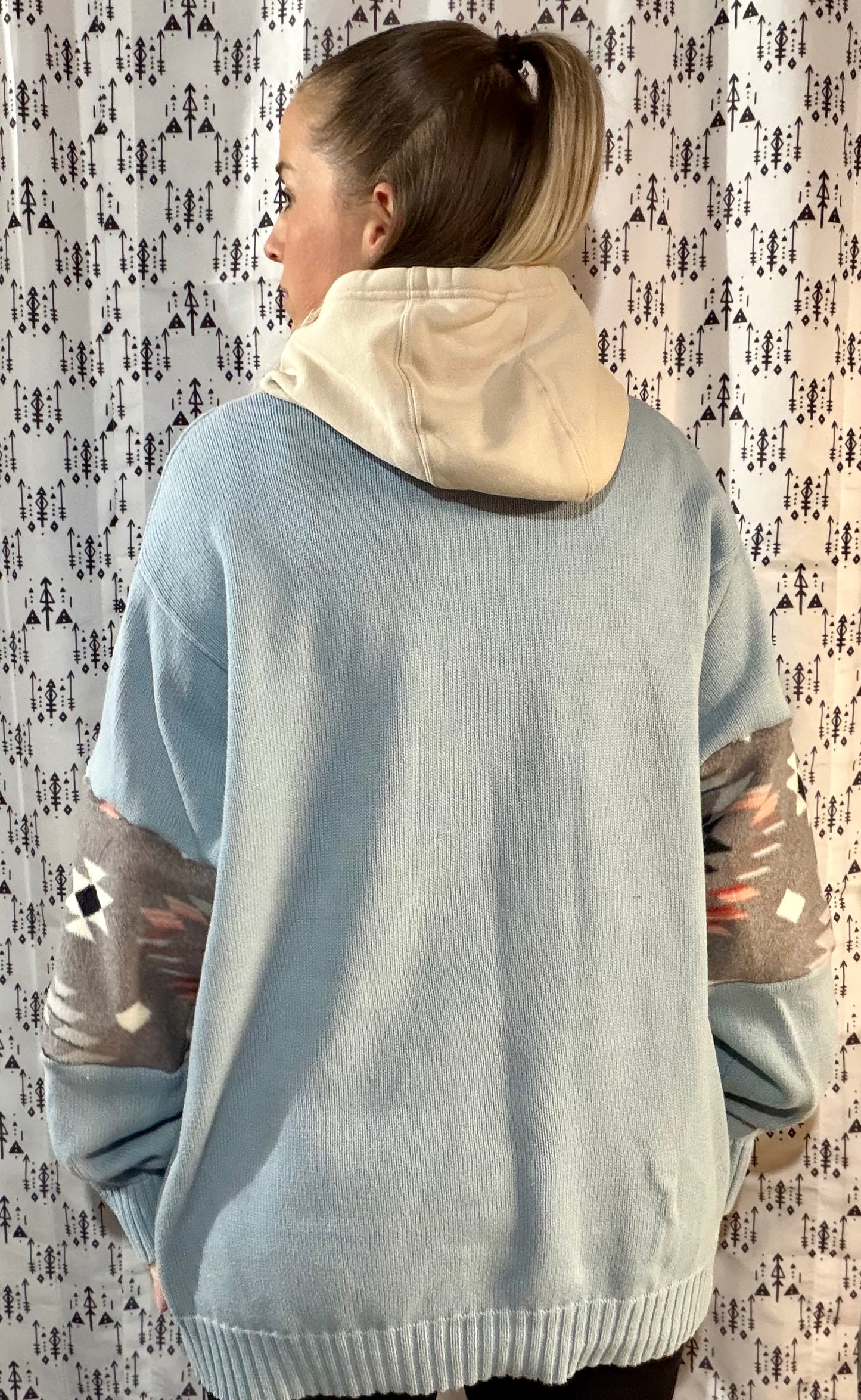 Light Blue Aztec 1/4 Buffalo Sweater Hoodie Size- Women's XL/2X