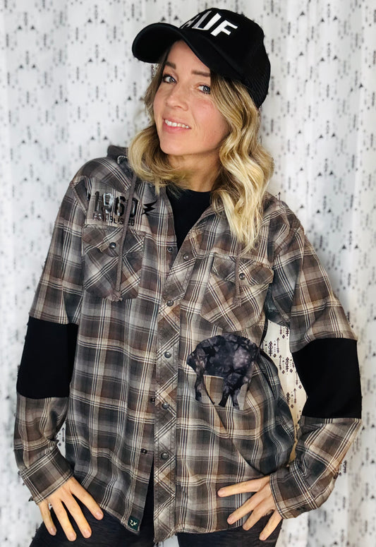 Plaid Hooded Buffalo Football Button Down Size- Unisex M/L