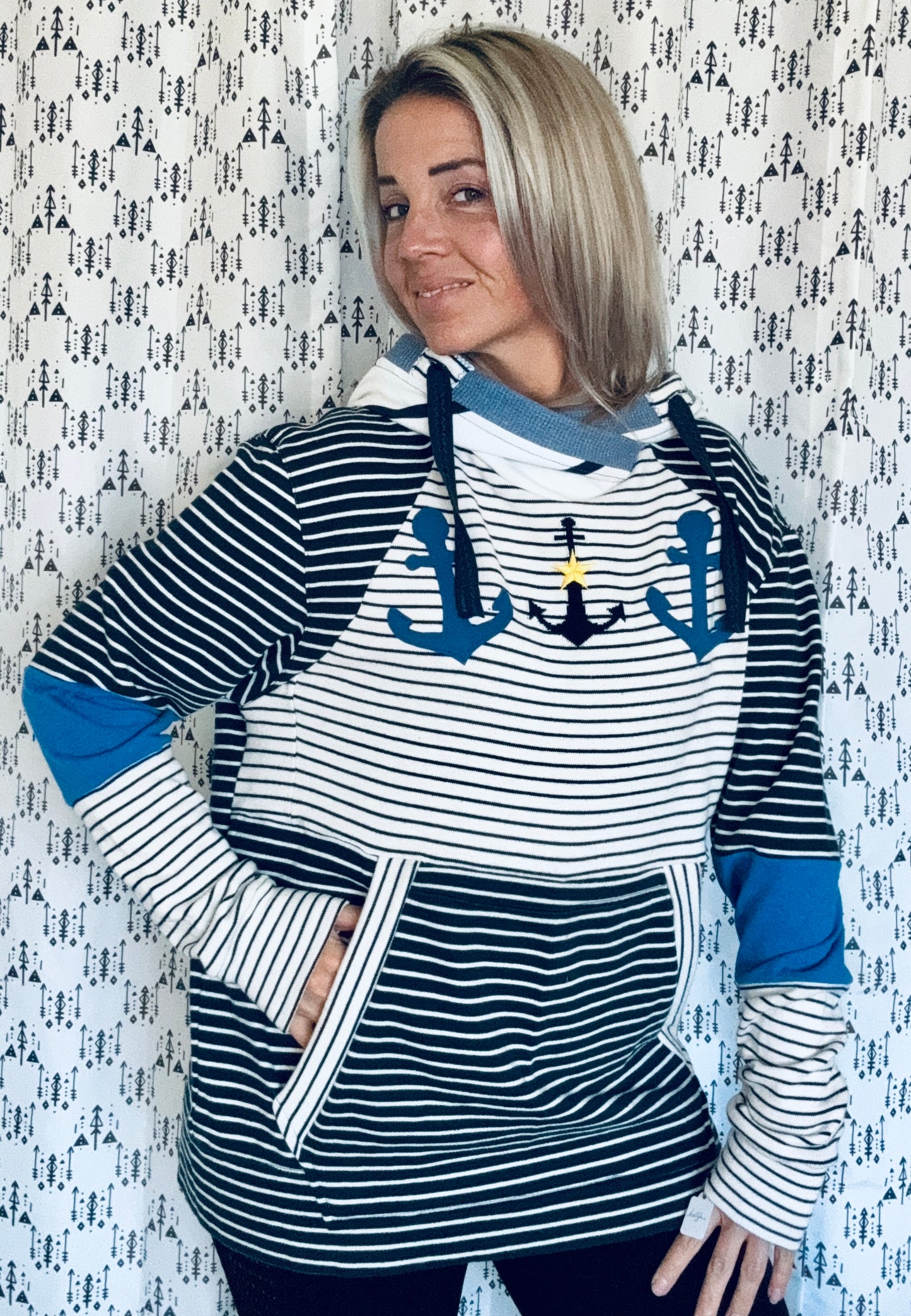 Navy Striped Anchors Hoodie Size Women’s- L/XL