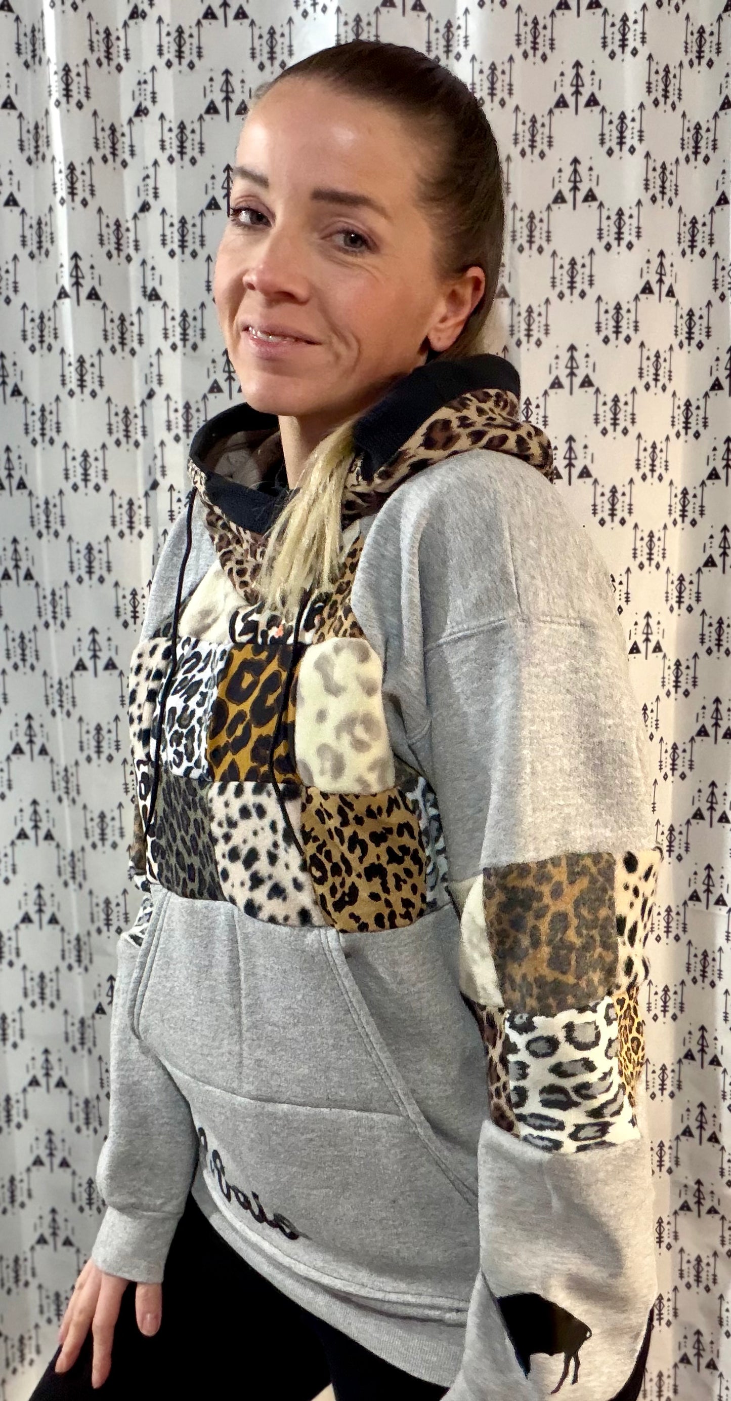 Grey & Leopard Patchwork Buffalo Hoodie Size- Women's L/XL