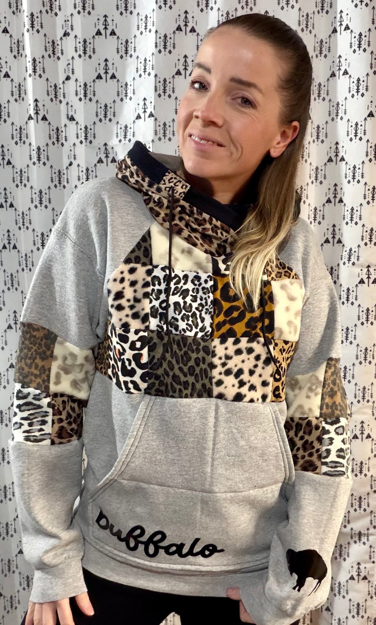 Grey & Leopard Patchwork Buffalo Hoodie Size- Women's L/XL