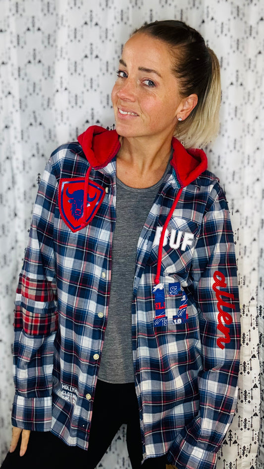 Blue Plaid Hooded Buffalo Football Button Down Size- Women's S/M
