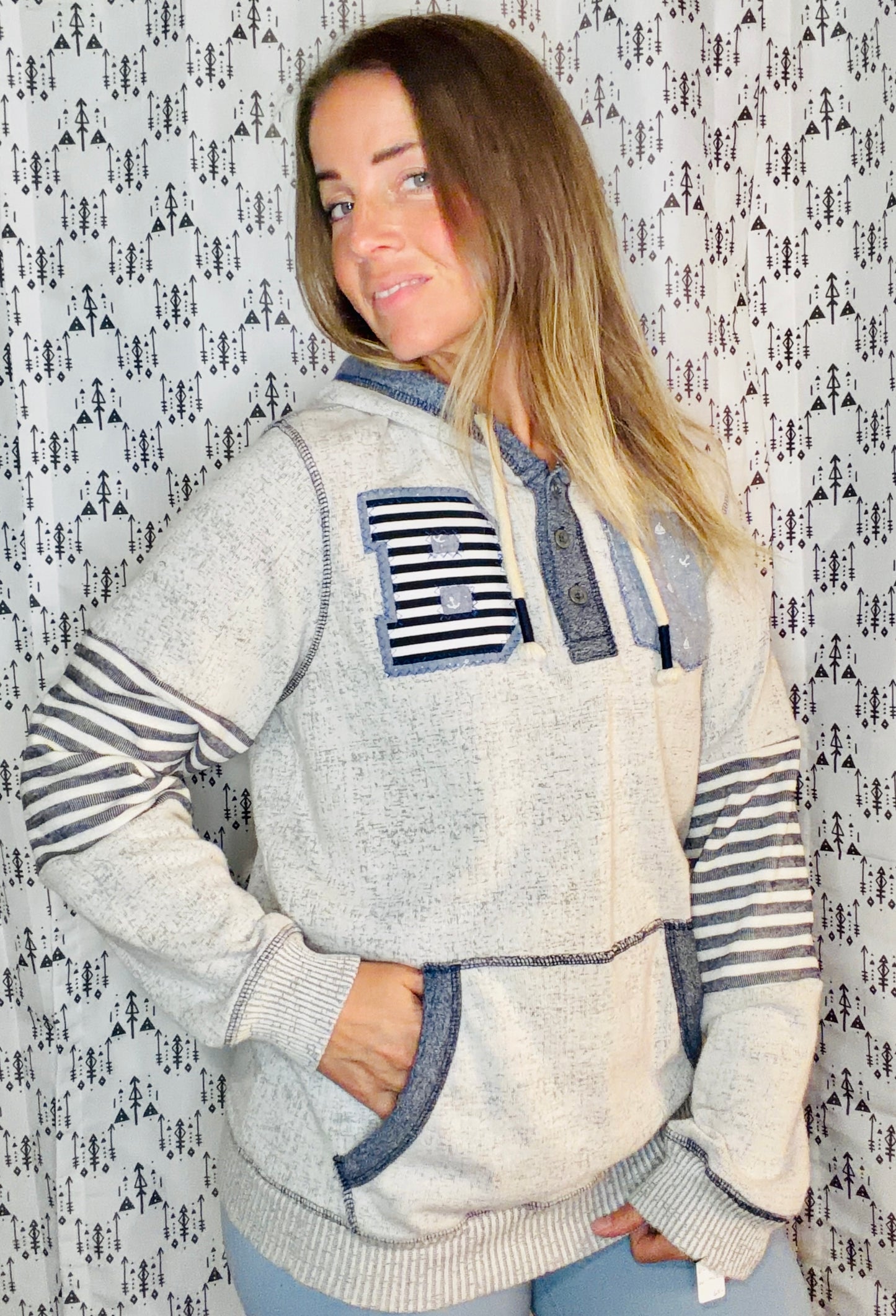 White Nautical Buffalo 1/4 Button-Up Hoodie Size Unisex-S/M