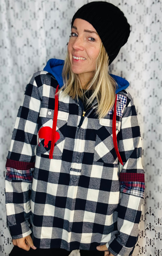 Blue & White Check Flannel Allen Football 1/2 Zip Size- Women’s L/XL