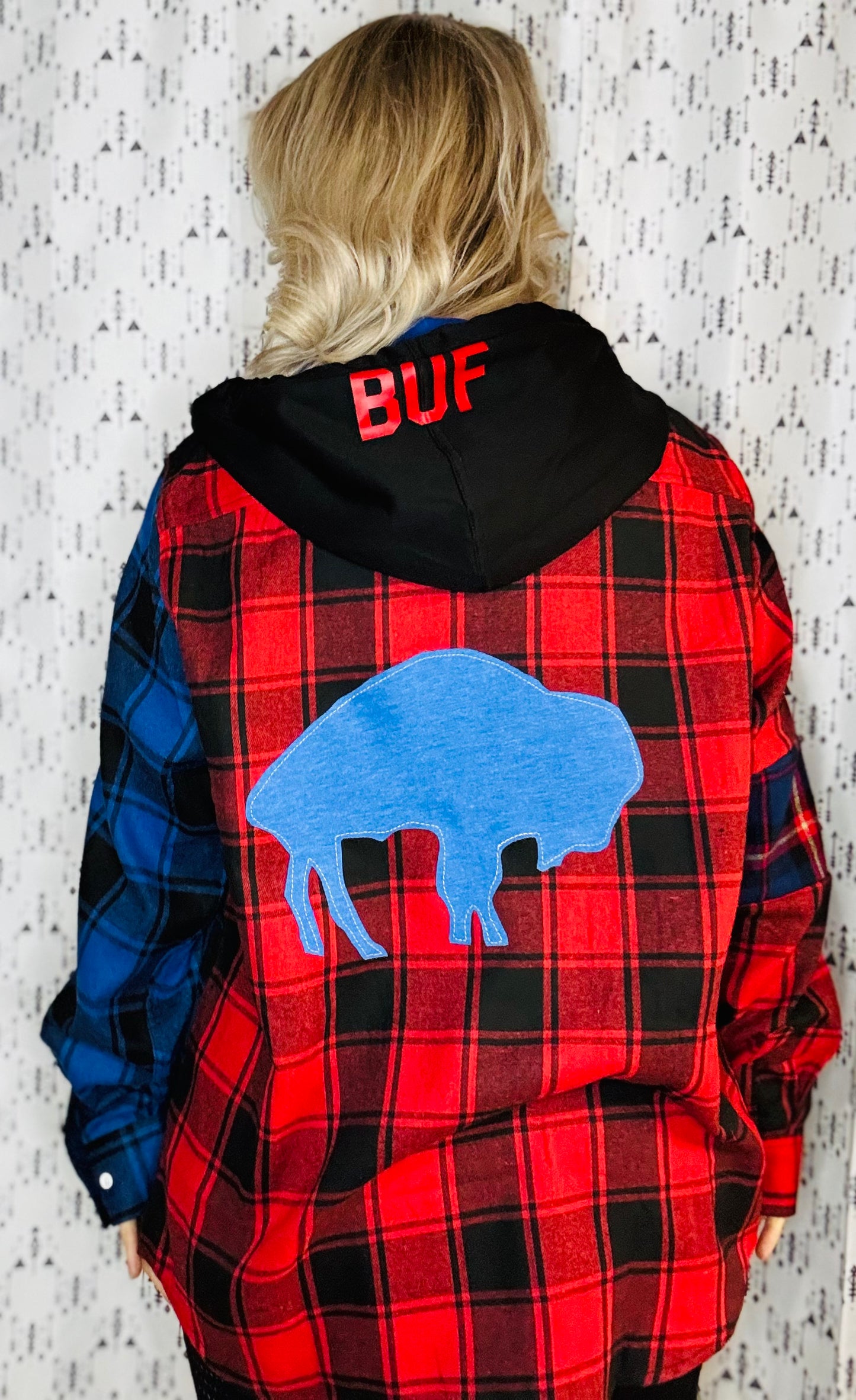 Red & Blue Buffalo Check Hooded Football Button-Up Flannel Size- Unisex L/XL