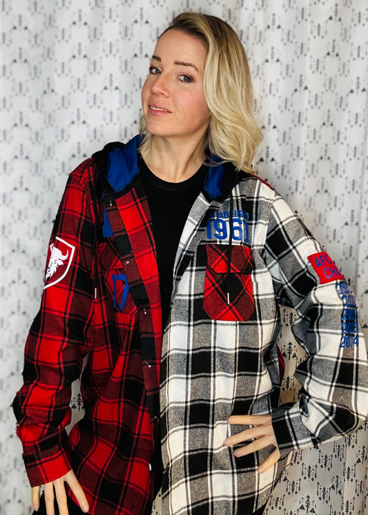 Red, Black, & White Buffalo Check Football Button-Up Flannel Size- Unisex XL/2X
