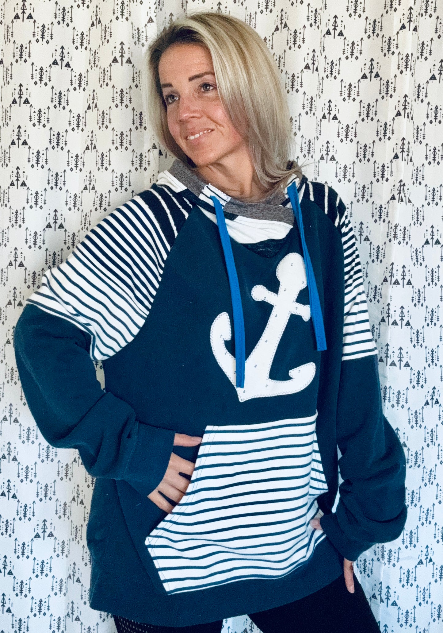 Navy Nautical Stripes & Anchor Hoodie Size XL/2X