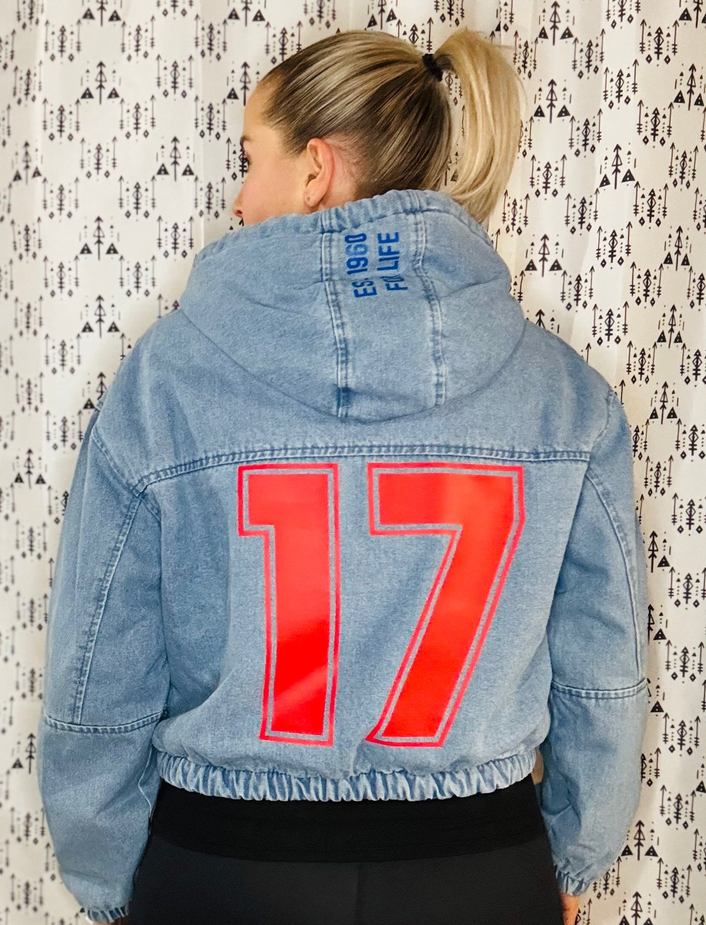 Denim Sherpa Lined Buffalo Football JA17 Crop Jacket Women's-L/XL