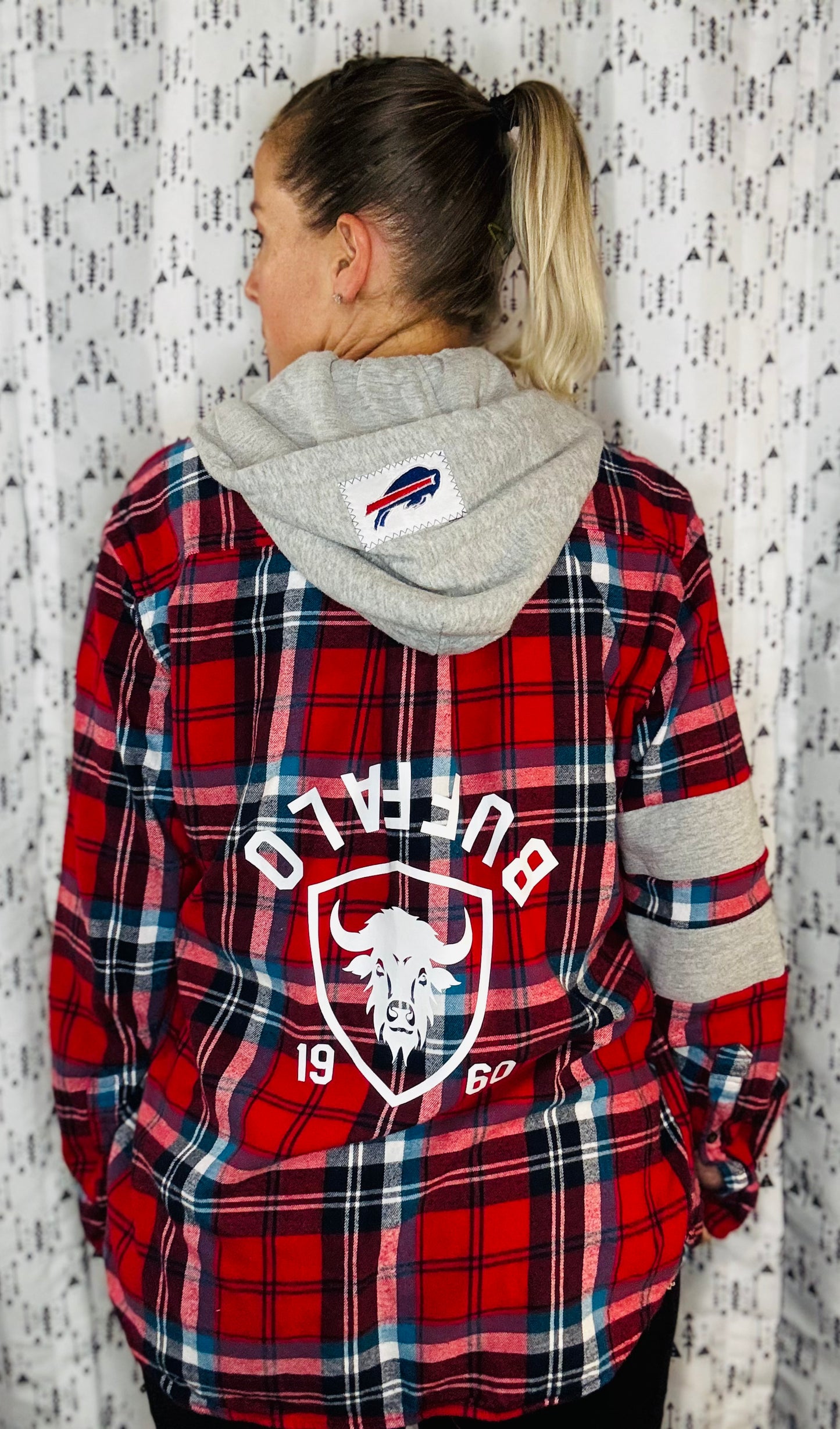 Red Plaid Hooded Buffalo Football Button Down Size- Unisex M/L