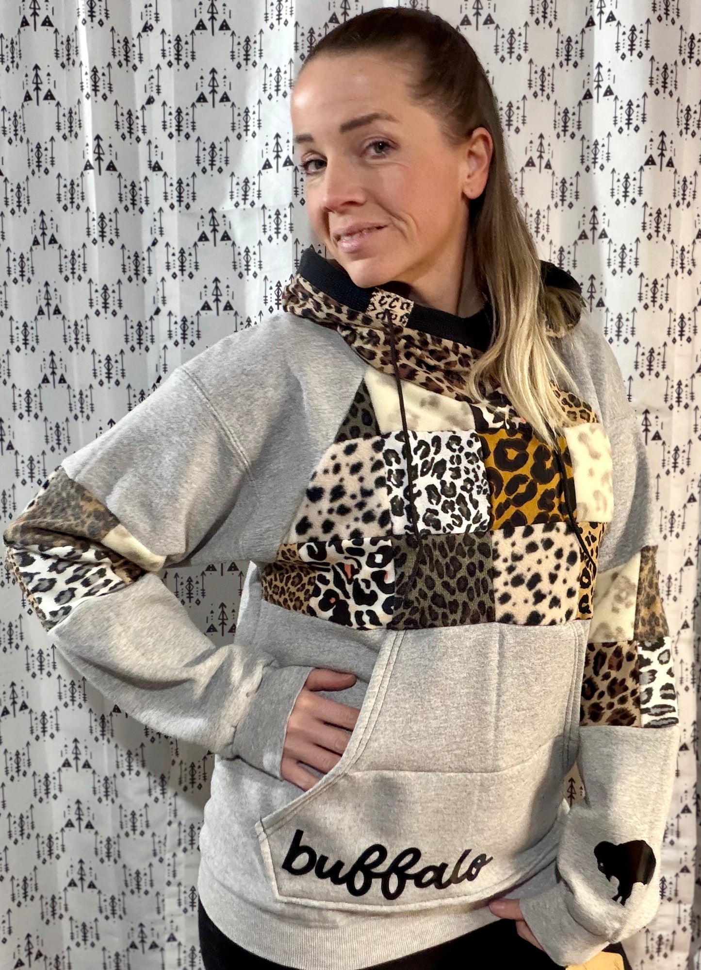 Grey & Leopard Patchwork Buffalo Hoodie Size- Women's L/XL