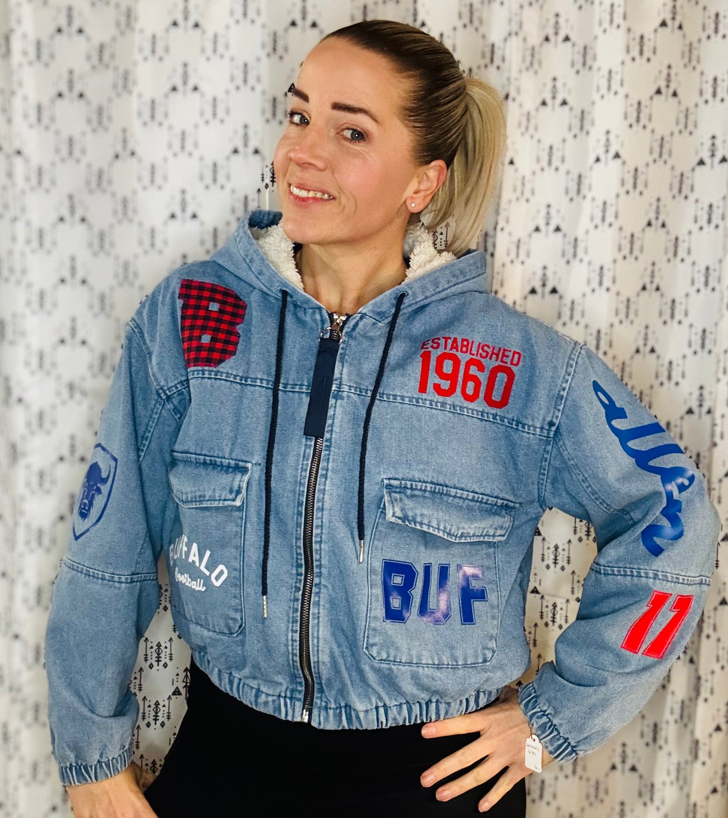 Denim Sherpa Lined Buffalo Football JA17 Crop Jacket Women's-L/XL