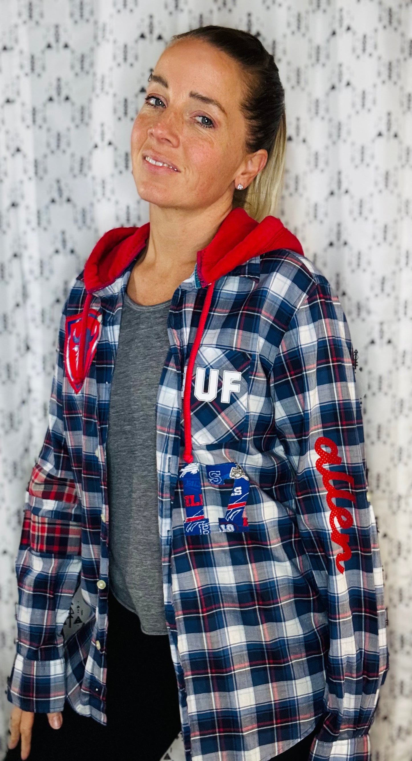Blue Plaid Hooded Buffalo Football Button Down Size- Women's S/M