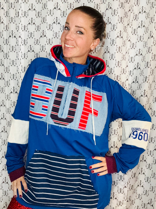 Blue 1/4 Zip Buffalo Hoodie Unisex-L/XL