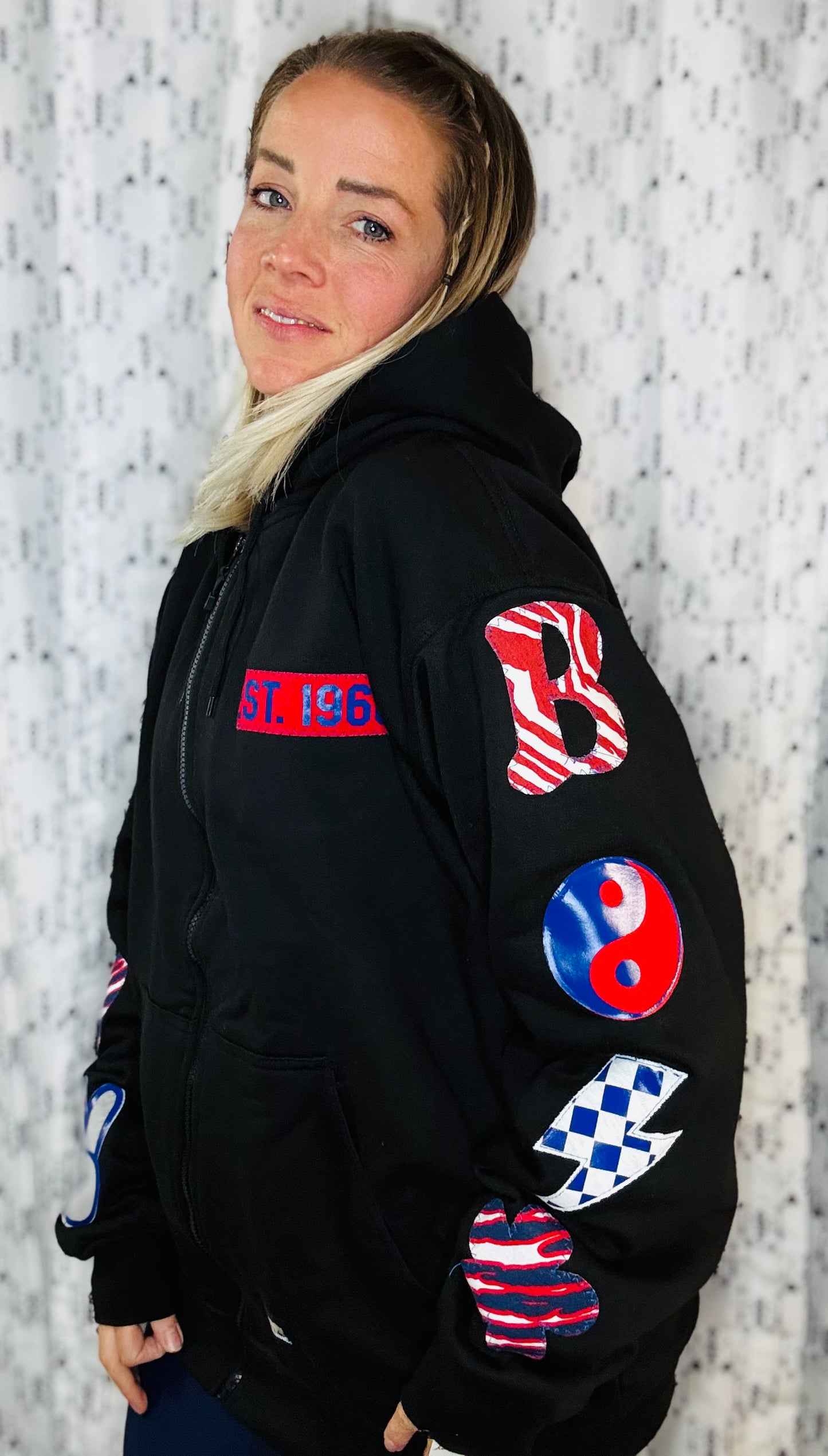 Black Peace Love Football Zip-Up Hoodie Women's Size-L/XL